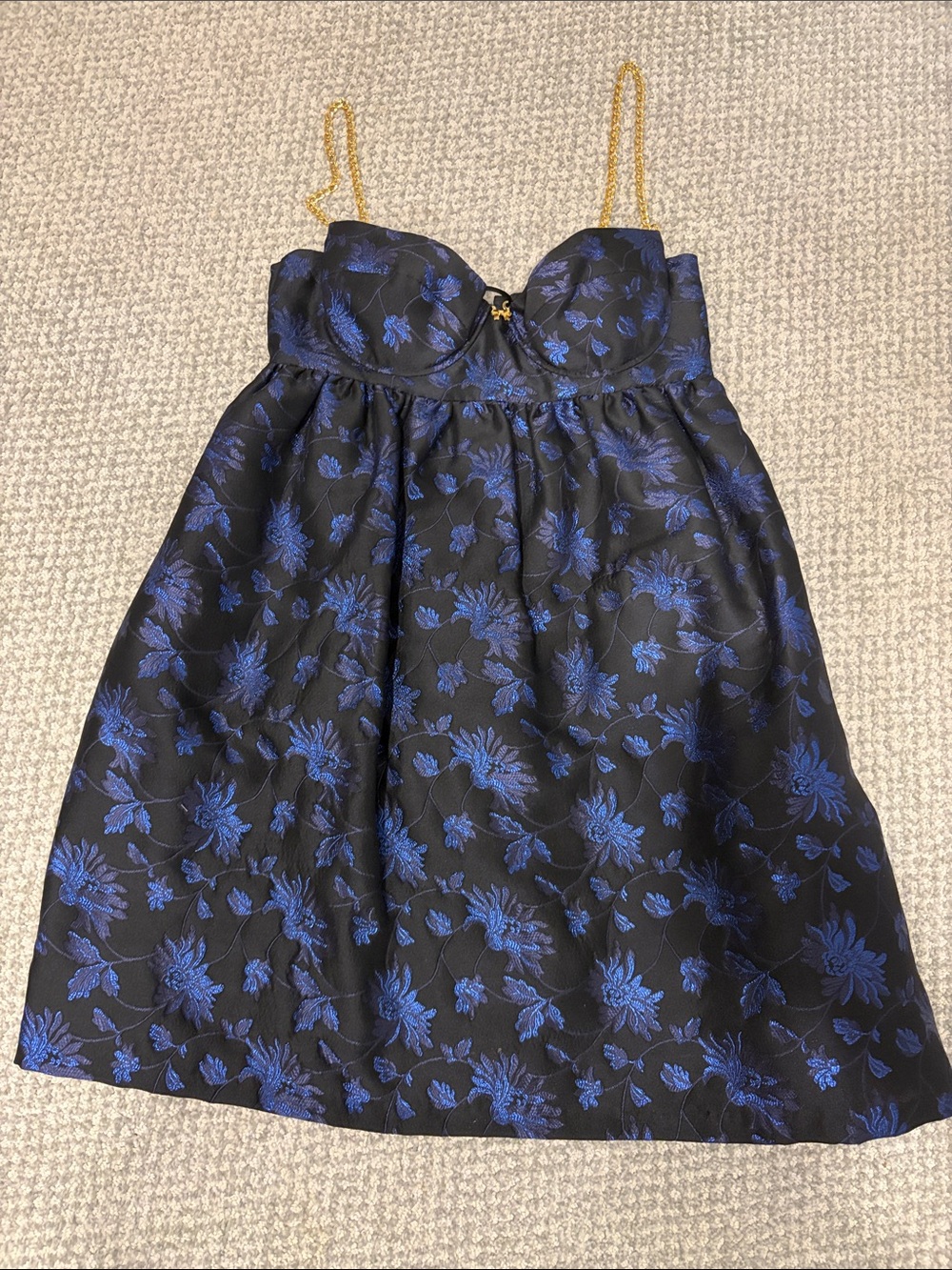 Ingwa Melero 2008 Dress with Royal Blue Floral Jacquard and Gold Chain Straps